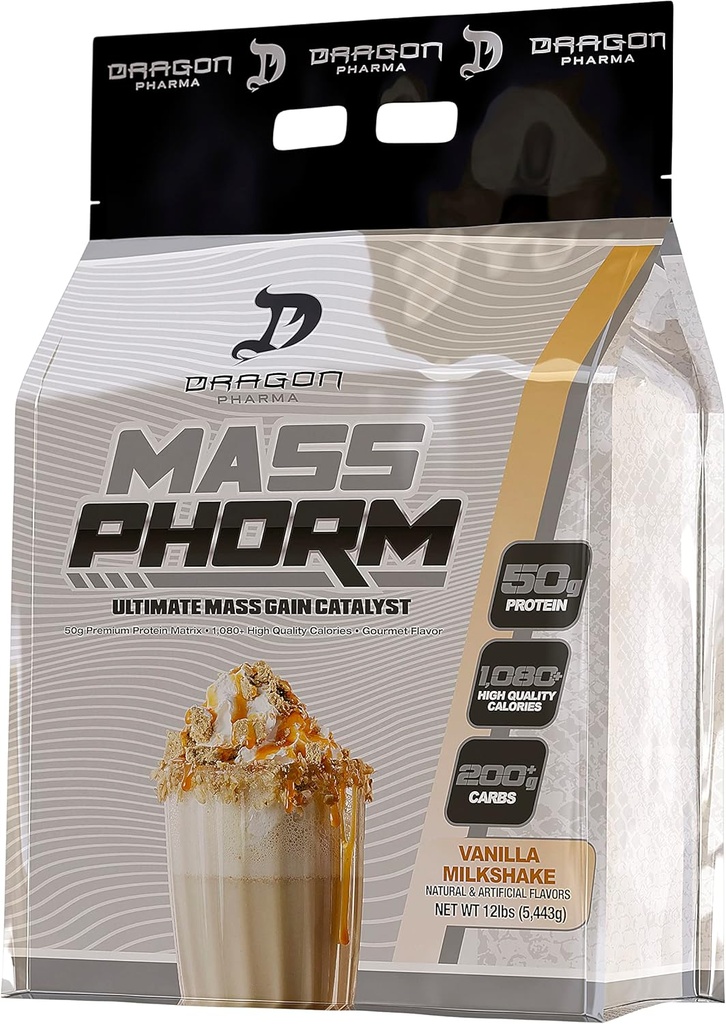 DRAGON PHARMA Mass Phorm, Ultimate Mass Gain Catalyst, 50g Protein Matrix, 200g komplekse karbohydrater, over 1000 kalorier Per servering (20 serveringer, Vanilla Milkshake)