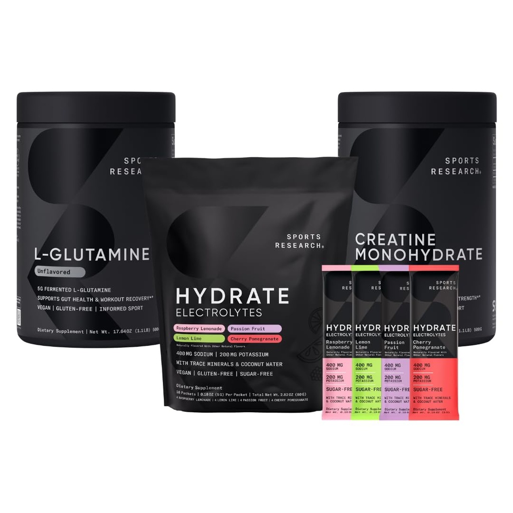 Idrettsforskning L-Glutamin (1,1 lbs), sukkerfri naturlig florert Hydrate elektrolytter 16x Variety pakker og kreatinmonohydrat (1,1 lbs)