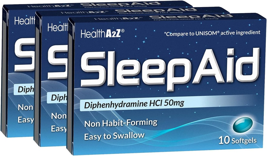 HealthA2Z® søvnhjelp | Diphenhydramin HCL 50 mg | Softgels | støtter dypere hvilelig søvn | 10 antall (pakke på 3)