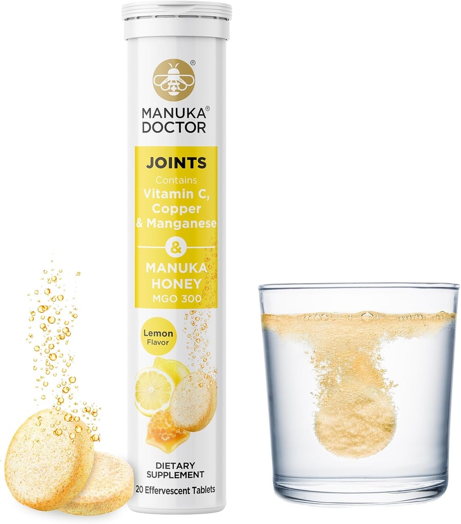Manuka Doctor Joints* Daglig felles støtte Supplement med Manuka Honning, vitamin C, kobber og manganese for å fremme felles helse, sitron flavor, 20 Effervescent tabletter
