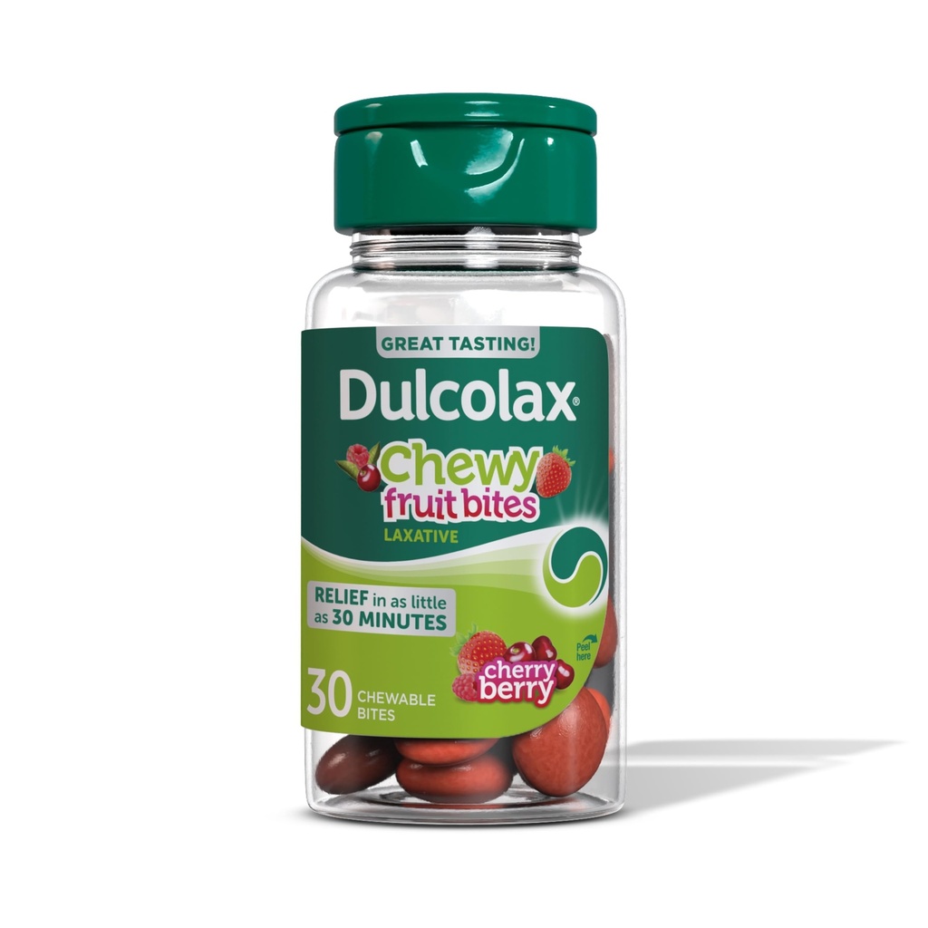 Dulcolax Saline Laxative Chewy Fruit Bites, Fast-Active Laxative & Gentle Acceleration Relief, Cherry Berry Flavor, Magnesium Hydroxide 600 mg, 30 Teller