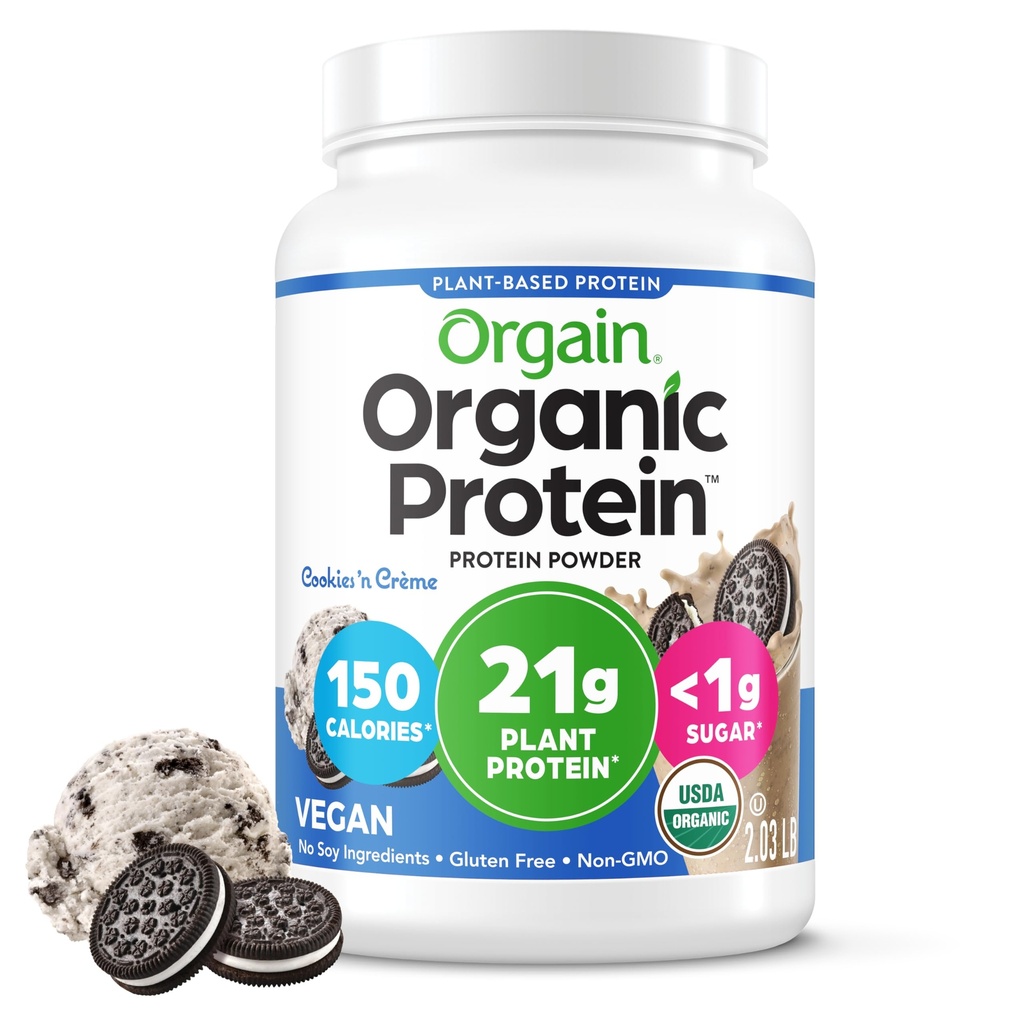 Orgain Organic Vegansk Protein pulver, informasjonskapsler og krem - 21g Plant Basert Protein, 7g Prebiotiske Fiber, Lav Netto Carb, Ingen Laktose Ingredienser, Ingen tilsatt Sukker, Ikke-GMO, For Skaker & Smoothies, 2,03 lb