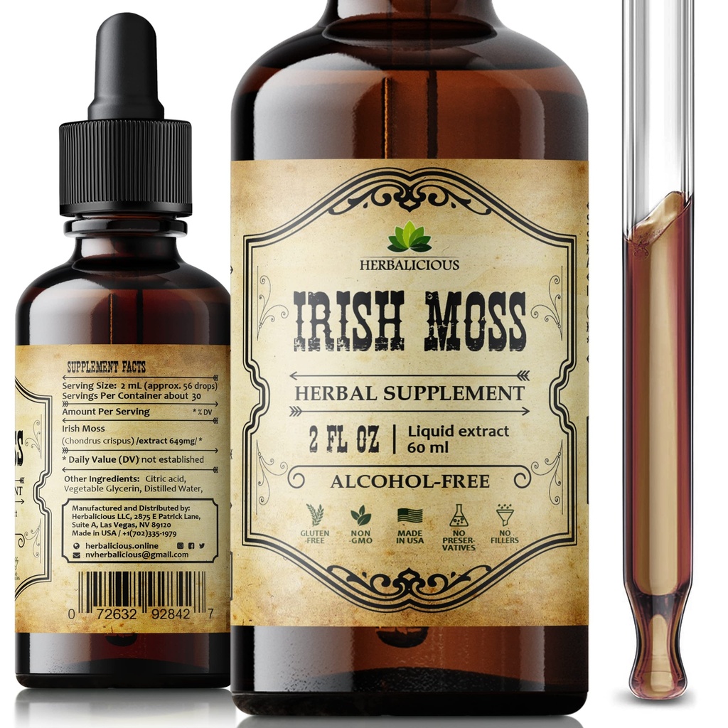 Irish Sea Moss Raw Organic Drops - Naturlig Irish Sea Moss Extract for Thyroid Support, Digestion & Energi - Flytende kosttilskudd - Vegansk, ikke-GMO - 2oz flaske