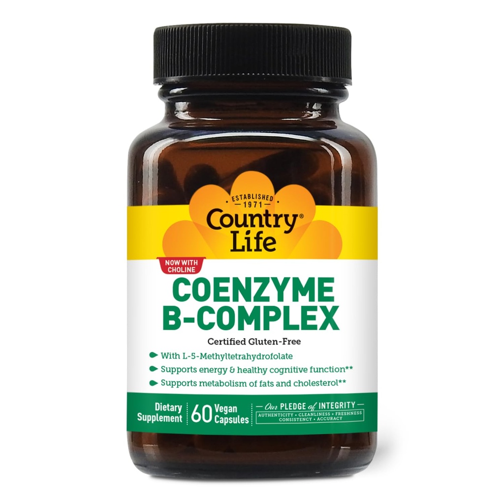 Country Life Coenzym B-Complex, 60 Kapsler – Støtter energi og metabolisme, Mood & Kognitiv funksjon – Vegan, Glutenfri, Biotilgjengelige B-vitaminer med Choline