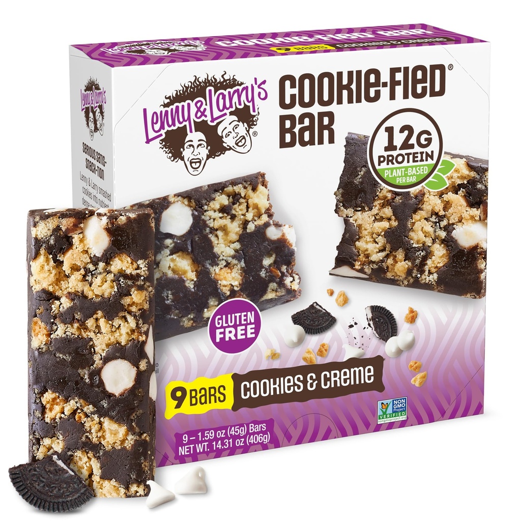 Lenny & Larrys Cookie-fied Protein Bar – Informasjonskapsler og kreme Vegansk Proteinbar 9x45g – Sunn Snacks med 12g Planteprotein & 5g Fiber – Glutenfri kraftbar, ketovennlig, ikke-GMO & Vegan