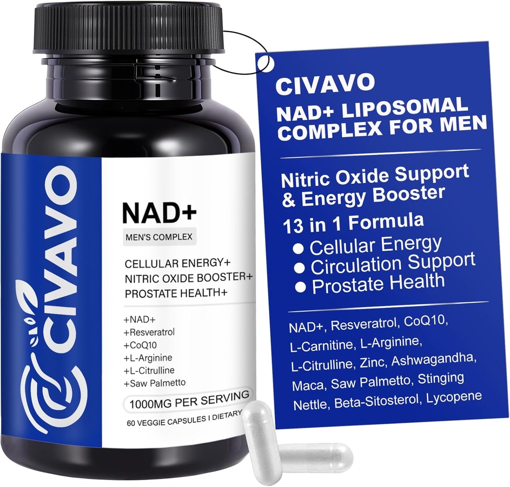 NAD+ Supplement for menn 1000mg, NAD+ med Resveratrol, CoQ10, L-Citrulline & Maca Root - Cellular Energy, Sunn Aging Support, Antioksidant, Nitric Oxid Prostate Helse for menn – 60 Kapsler