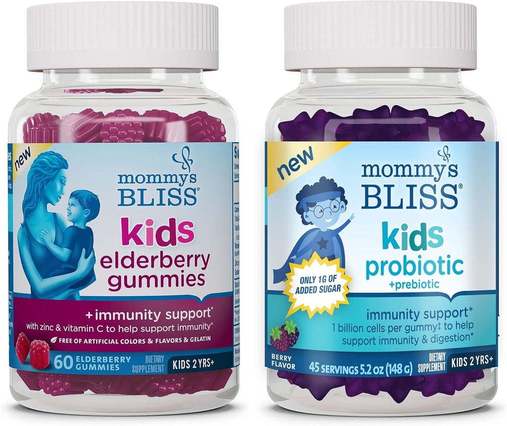 Mammas Bliss Kids Elderberry Gummies 60 greve (Pack of 1), og Kids Probiotic + Prebiotic Gummies 45 greve (Pack of 1), støtte barn immunitet og sunn digestion