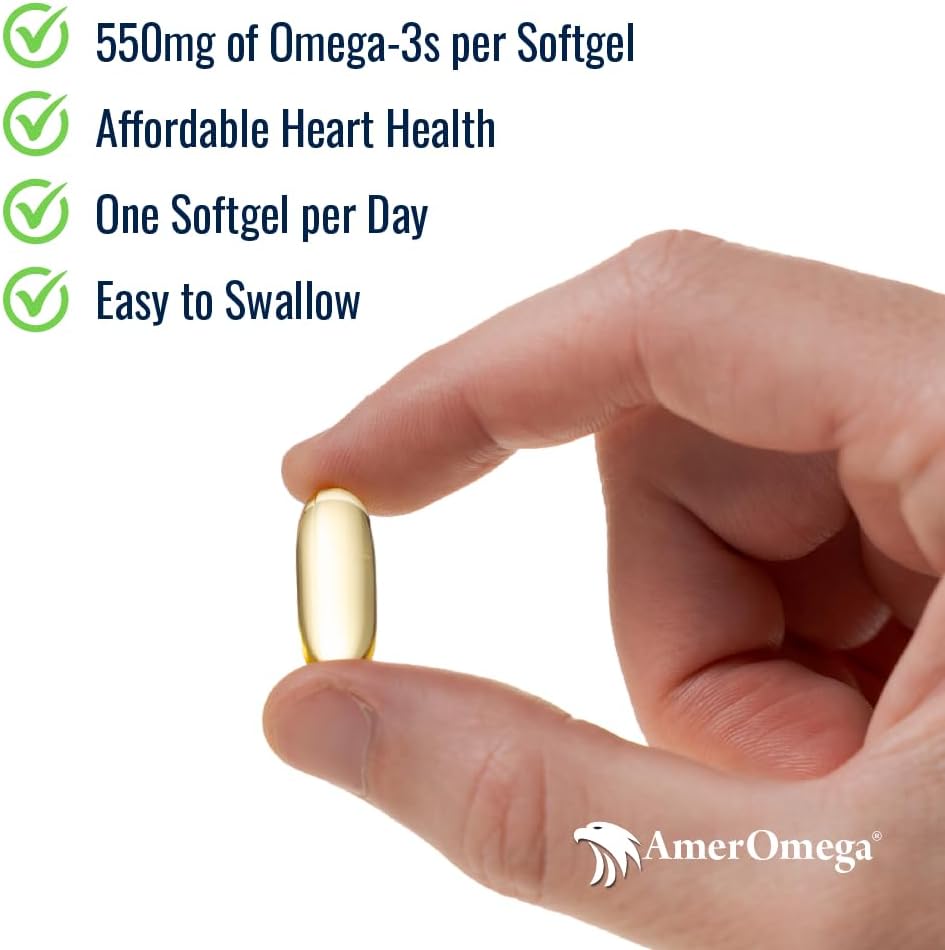 AmerOmega Triglycerid Omega-3 Fish Oil for Heart Health Support - Wild-Caught Alaskan Walleye Pollock - American-Sourced, American-Made - Ikke-GMO, Glutenfri & Dairy-Free - 60 Softgels