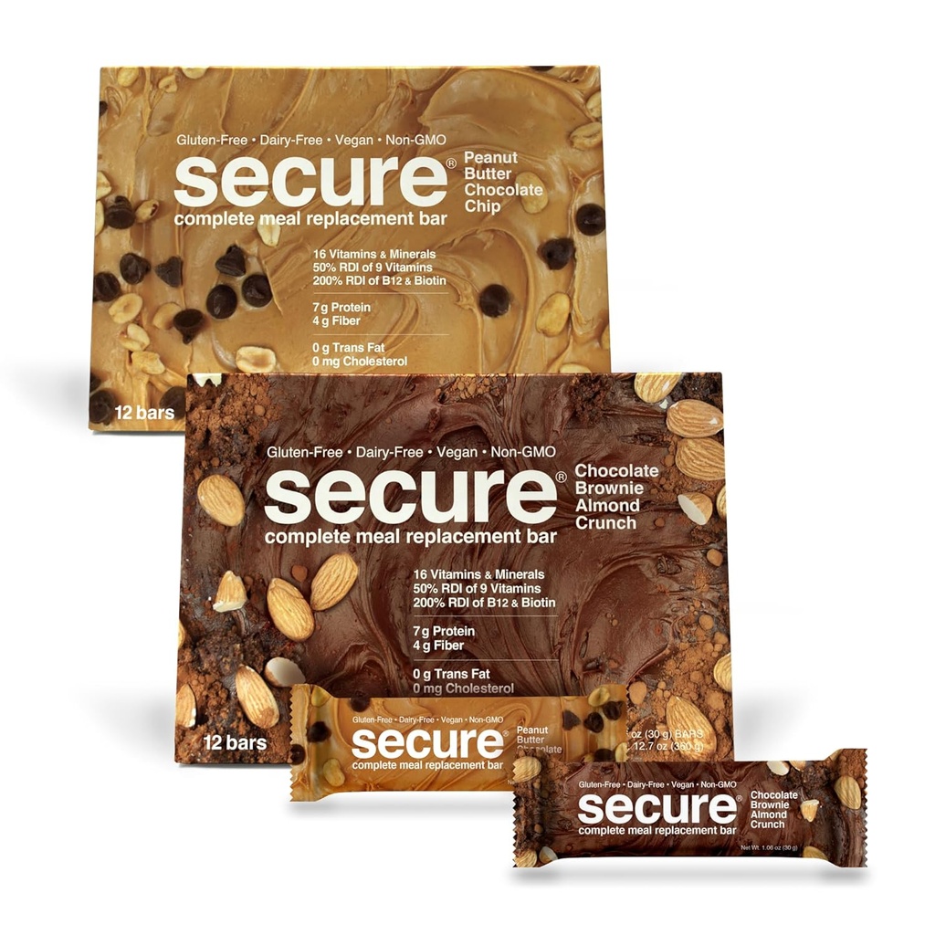 ANDREW LESSMAN Sikker Complete Meal Replacement Bars - 7g Vegan Protein Bars. Inulin Fiber. Lav kalorie, Gluten og Dairy-Free 24, Variety Pack: Sjokolade Brownie og Peanut Butter Sjokolade Chip)