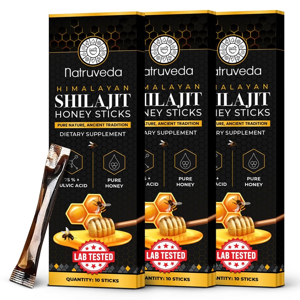 Himalayan Shilajit Honning Sticks for menn og kvinner - 75%+ Fulvic Acid & Trace Minerals - Rå Honning, Saffron & Himalayan Shilajit Resin - Stamina, ytelse og energi støtte - (Pack of 30)