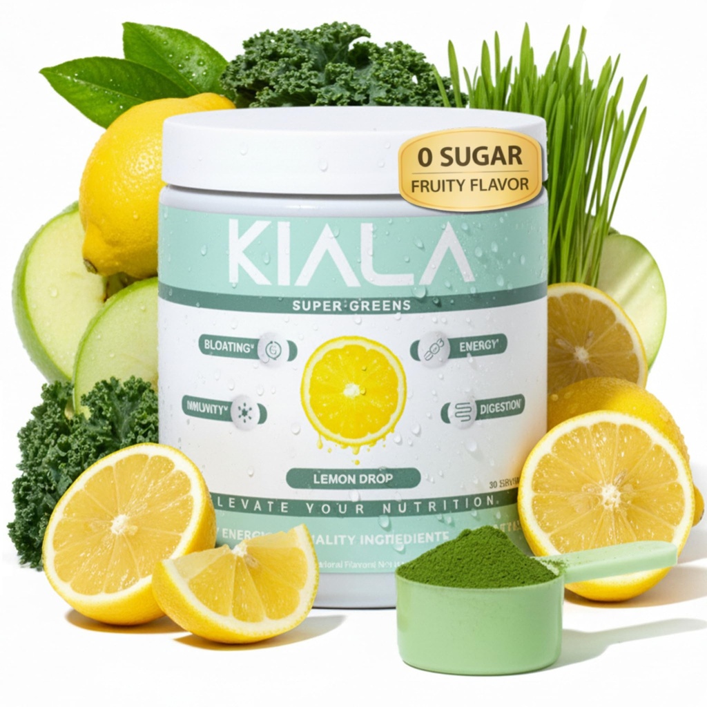 Kiala Ernæring Super Greens, Organisk Grønn pulver med Spirulina & Klorella for Digestion, Gut Helse, Immunitet, Energi, Glutenfri, Vegan, Sukkerfri, Spectra Blanding, Lemon Drop, 30 Serveringer