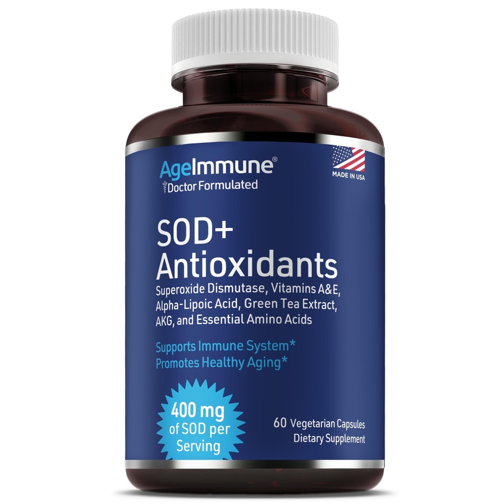 SOD Antioksidanter Kompleks Sunn Aging Supplement - 400mg Superoksid Dismutas - Alpha Lipoic Acid - L-arginin -Lysin - AKG - vitamin A - vitamin E for immunologisk støtte-60 Kapsler