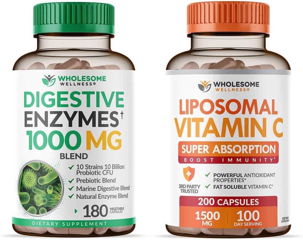 Helt some Wellness Digestive Enzymes 1000MG Plus Prebiotika og probiotika + Liposomal vitamin C kapsler (200 piller 1500mg Buffered) Bundle