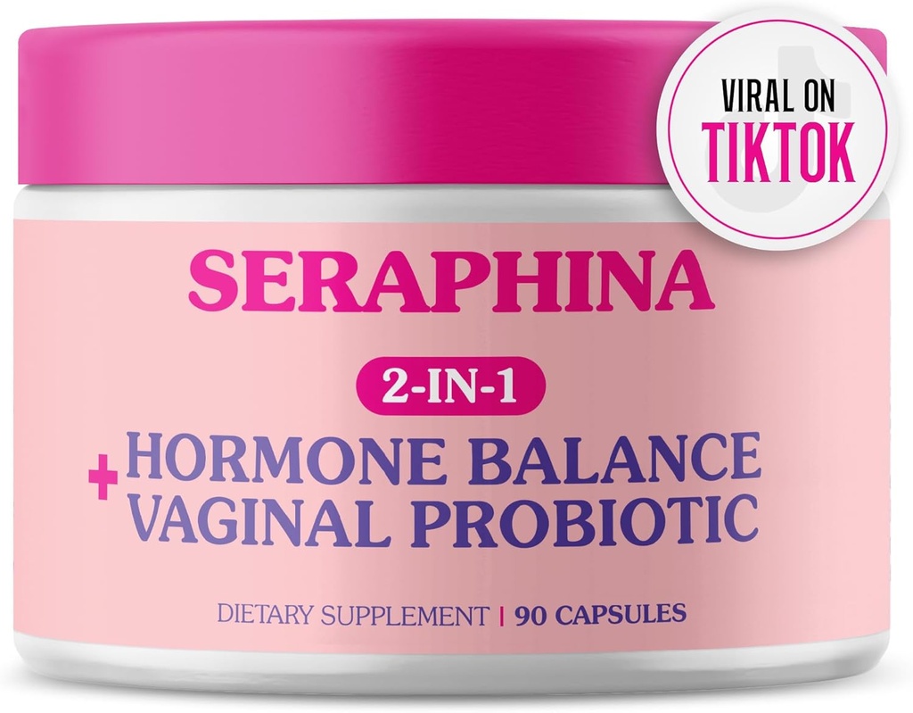 Seraphina Vaginal Probiotika 2-i-1 for kvinner + hormonbalanse - 90 kapsler komplett feminin omsorg, PMS & urinveistrakt helse, prebiotiske blanding, 10 milliarder CFU, 6 strimler (90 tall)