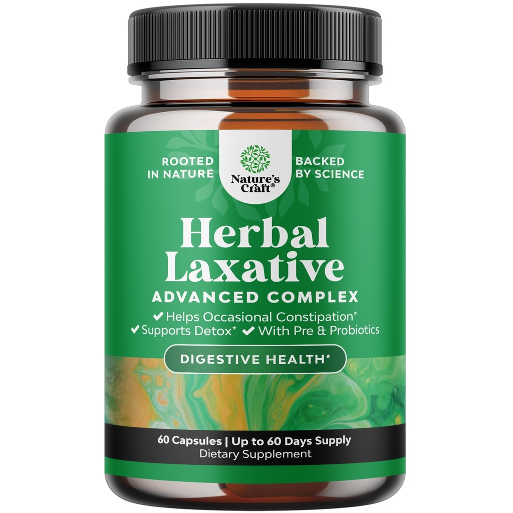 Herbal Laxative kapsler med probiotika – Naturlige Laxativer for cocktails med Senna Leaf, Psyllium, Aloe Vera – Colon Cleanse for kvinner og menn - Detox for gut helse og vektkontroll – 60 Ct