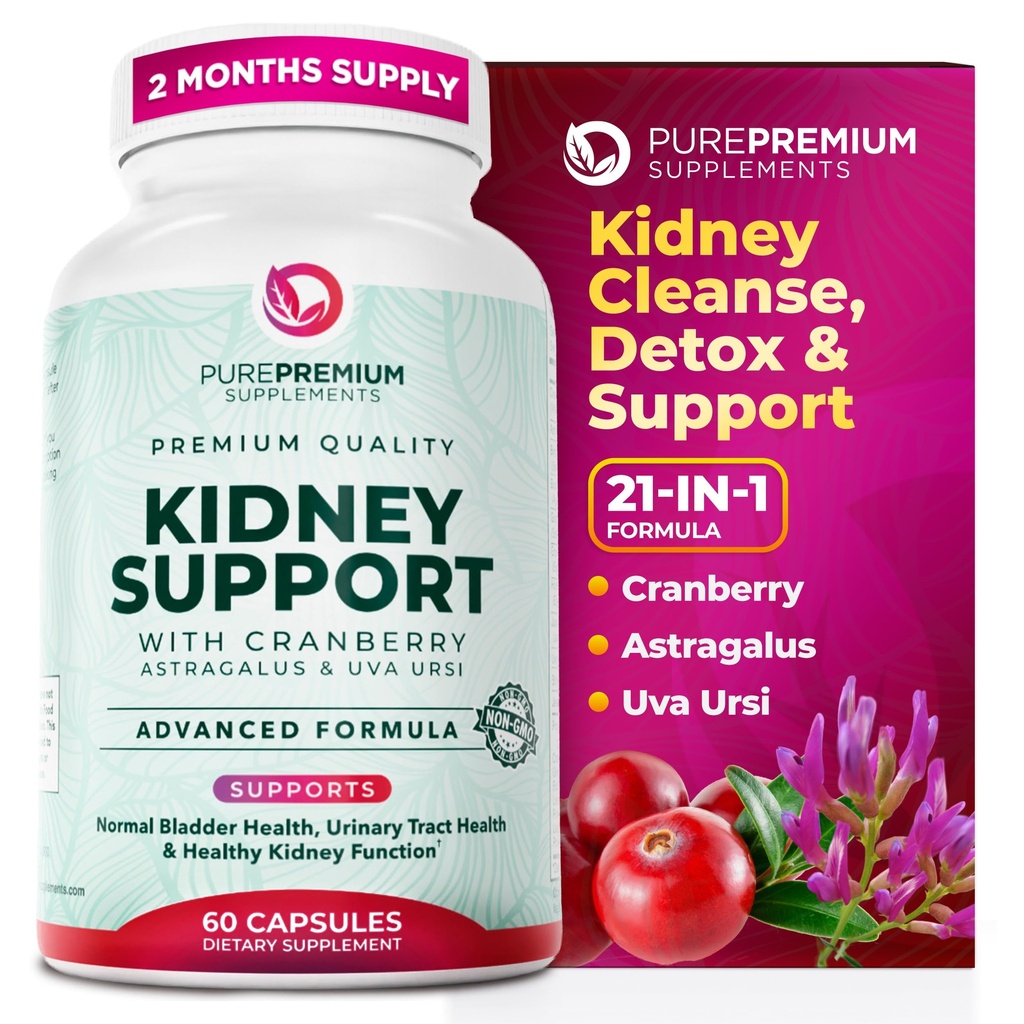 PurePremium Njurestøtte Supplement – Nurrenal Cleanse Detox & Reparasjon med Cranberry Extract & Astragalus - 21-i-1 Komplekse støtter Normal Bladder, Urin Tract & Nurrenals Helse - 60 dagers forsyning