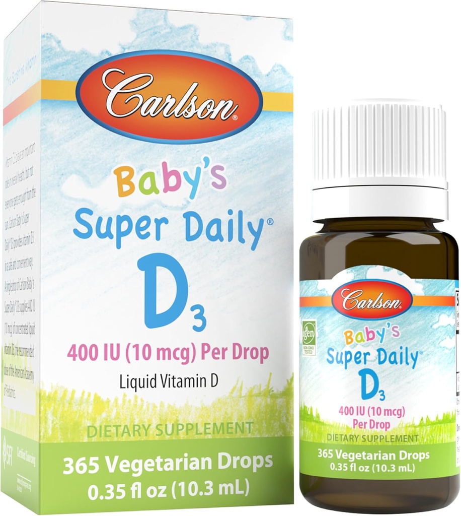 Carlson - Babys Super Daily D3, Baby vitamin D-dråper, 400 IU (10mg) per dråpe, 1-års forsyning, vegetarisk, flytende vitamin D for spedbarn og tilhengere, uslavored, 365 Drops
