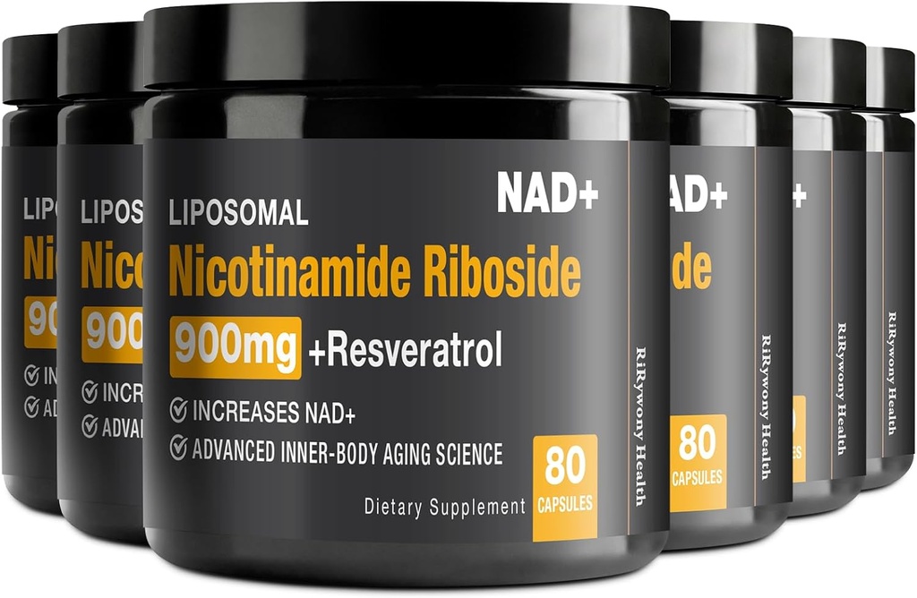 NAD Supplement - NAD+ med Nikotinamid Riboside (NR) og Resveratrol Quercetin 900mg ren organisk NAD Plus for cellular reparasjon sunn aldring hjernefunksjon, 80 kapsler (pakke med 6)