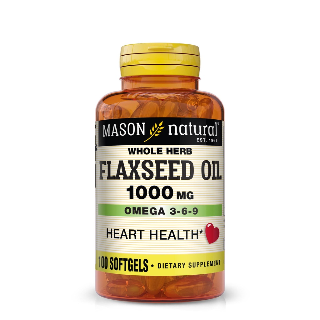 MASON NATURAL Flaksfrø Olje 1000mg – Omega 3-6-9 Softgels for hjertehelse – kaldtpresset hele urt Supplement – Glutenfri, ikke-GMO, 100 Softgels