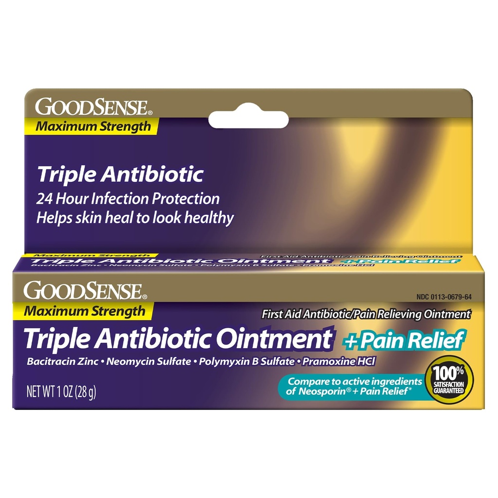 GoodSense maksimal styrke Triple Antibiotic Ointment pluss smertelindring - lindrer smertefulle kutt, skjegg og brenner, hindrer infeksjon, First Aid Antibiotic, Eksterne Analgesic, 1 oz