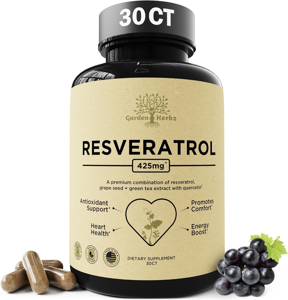Quercetin & Resveratrol Supplement med kornfrø – 425mg herbal antioksidant og velvære støtte – Polyfenoler og næringsstoff blanding for generell helse, 30Ct