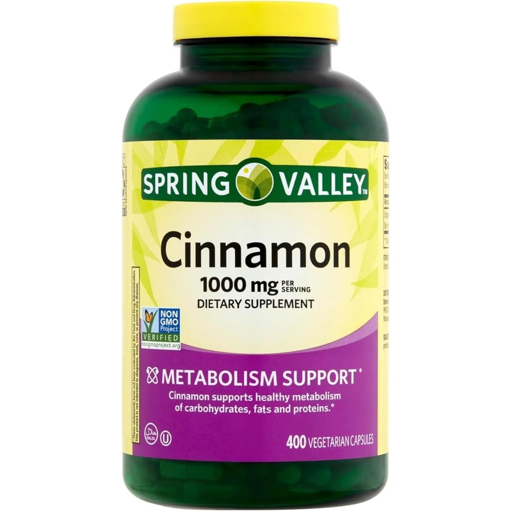 Spring Valley kanel kosttilskudd, 1000 mg, 400 vegetariske kapsler - Metabolisme støtte. Inkluderer klistremerke.