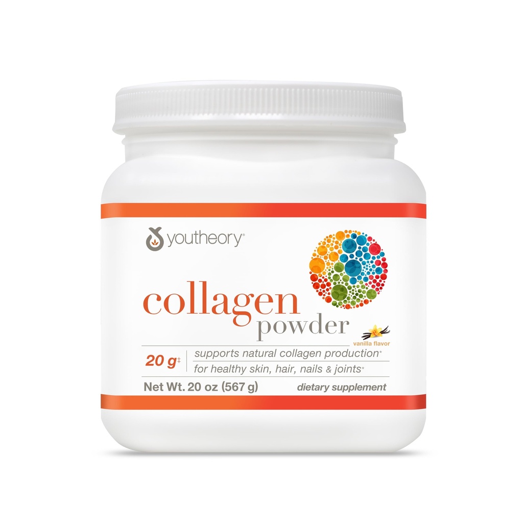Youtheory collagen pulver - med Aminosyrer, mineraler, vitamin C & B7 (Biotin) - støtter sunne bein, muskler, hår, negler, hud og ledd* - Hydrolysert - Vanilla - 20 oz (21 serveringer)