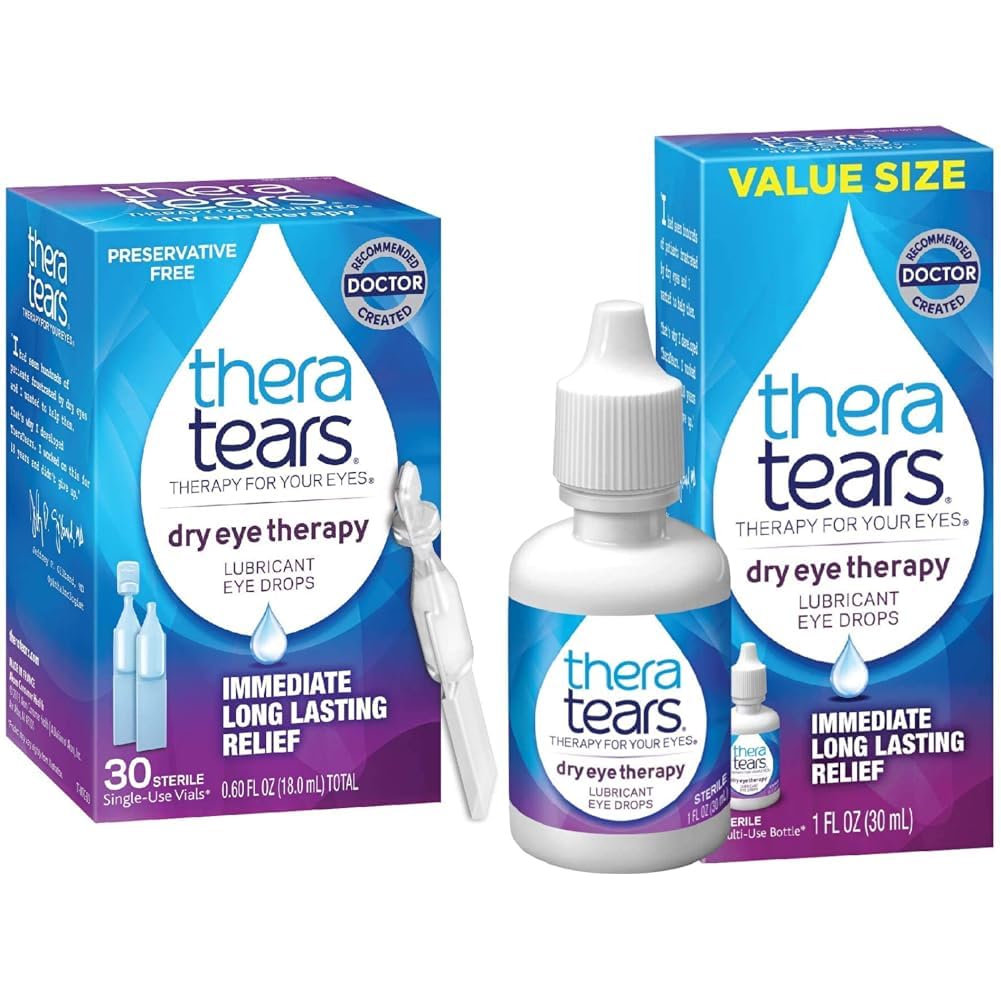 TheraTears Tørr Eye Therapy Smørende øyedråper for tørre øyne, Preservative gratis øyedråper, 30 Single-bruker vialer og tørr øyeterapi øyedråper for tørre øyne, 1,0 fl Oz