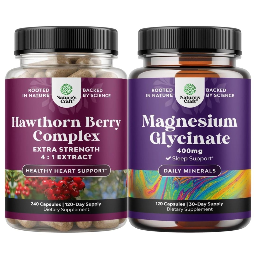 Natures Craft Bundle av ekstra styrke Hawthorn Berry Capsules - Utdrag Digestion og hjertehelse Supplement og ren magnesium Glycinate 400mg Per servering for humør søvn og avslapping