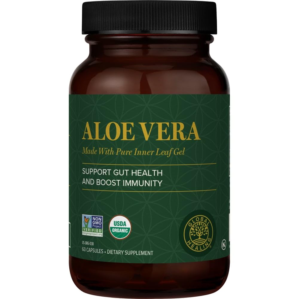 Global Healing Aloe Vera Bio-Active Organic Leaf Supplement - 200x Konsentratformel med høyeste konsentrasjon av Acemannan - Aloin-Free - Gut Helse & Immune Support - 60 Kapsler