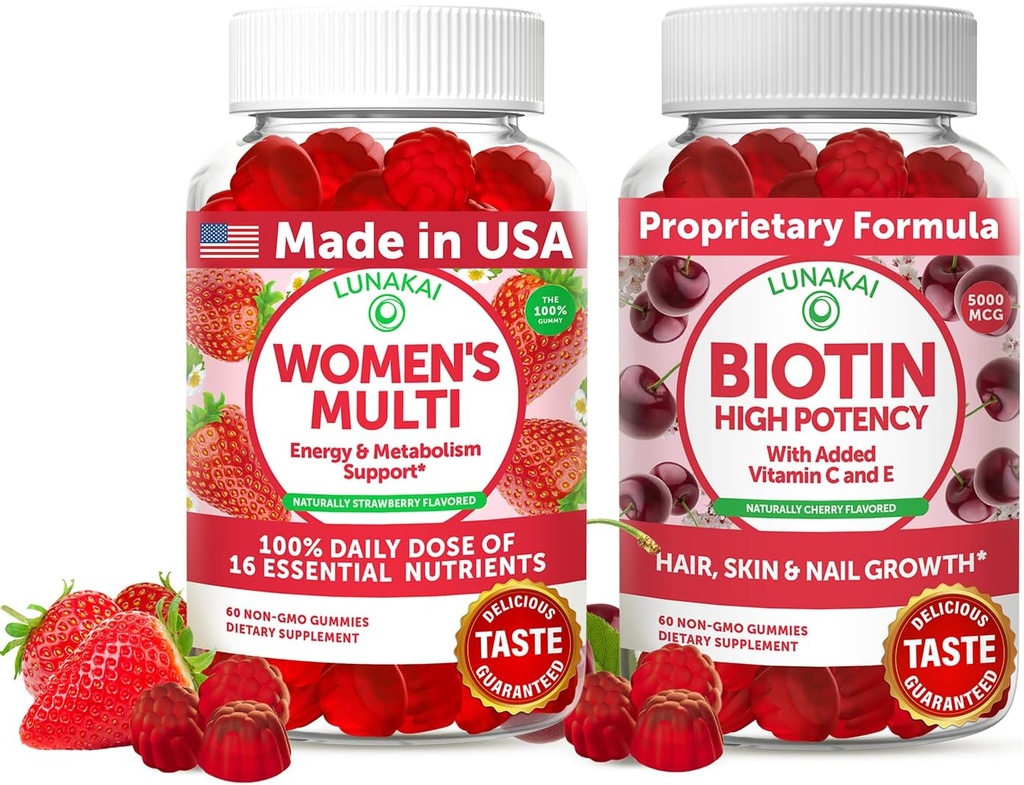 Lunakai USA laget kvinner Multivitamin & Biotin Gummies Bundle - Energi og hår, hud, neglestøtte - naturlig flavored - 60 ikke-GMO Gummies hver