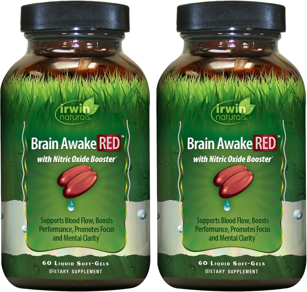 Irwin Naturals Brain Awake RED with Nitric Oxid Booster - 60 Liquid Soft-Gels, Pakke med 2 - Støtte Brain Health & Optimize ytelse - 40 Total Services