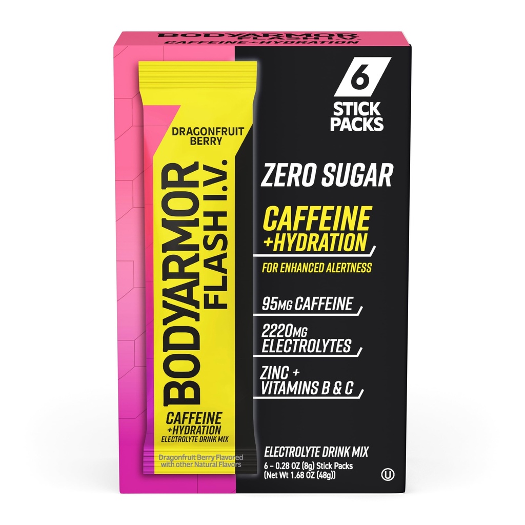 BODARMOR Koffeinert Flash I.V. Electrolyte Packets - Dragonfrukt Berry - Null Sugar Energy Drink Mix, Single Serve Packs, Hydration for Pre Workout, Reise Essentials, Aktiv livsstil (6 greve)