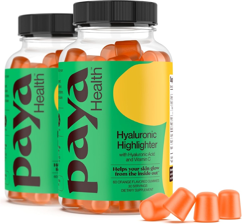 Hydrating Hyaluron Highlighter Hudpleie Gummies | Støtter Brighter, Dewy, Plump hud | Vegansk Hyaluronsyre og vitamin C Supplement | Ikke-GMO, Gelatin-fri, Orange Flavor, 60-dagers forsyning