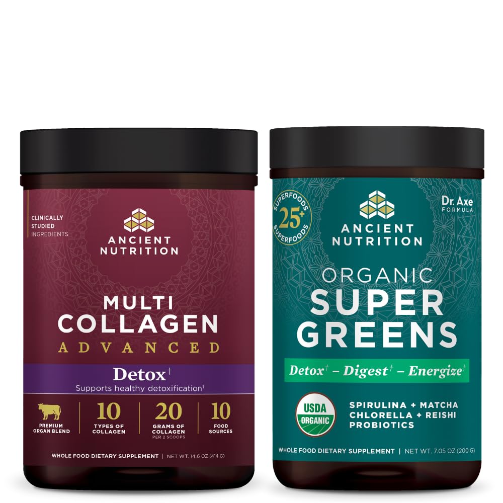 Gamle ernæringsmultikollagen Avansert pulverrensing og detox, uslavorert, 36 serveringer + organisk SuperGreens pulver, grønn, 25 serveringer
