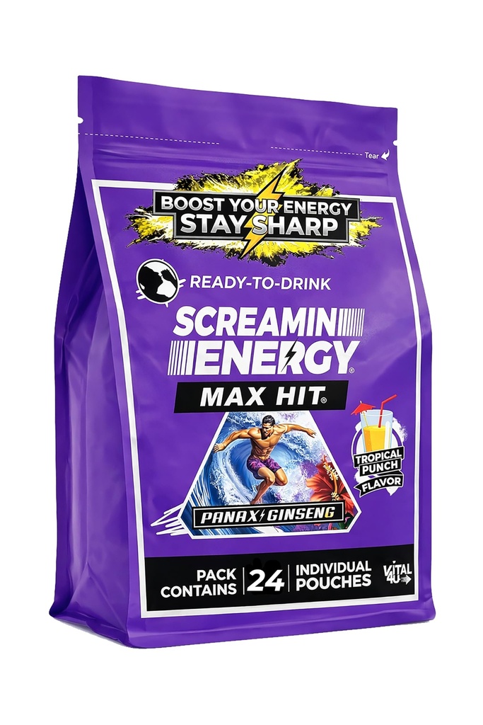 Screamin Energi Max Hit Tropical Punch Flavor - Maks styrke sukker gratis energi Shot med Ginseng, B vitaminer og koffein - 24 greve