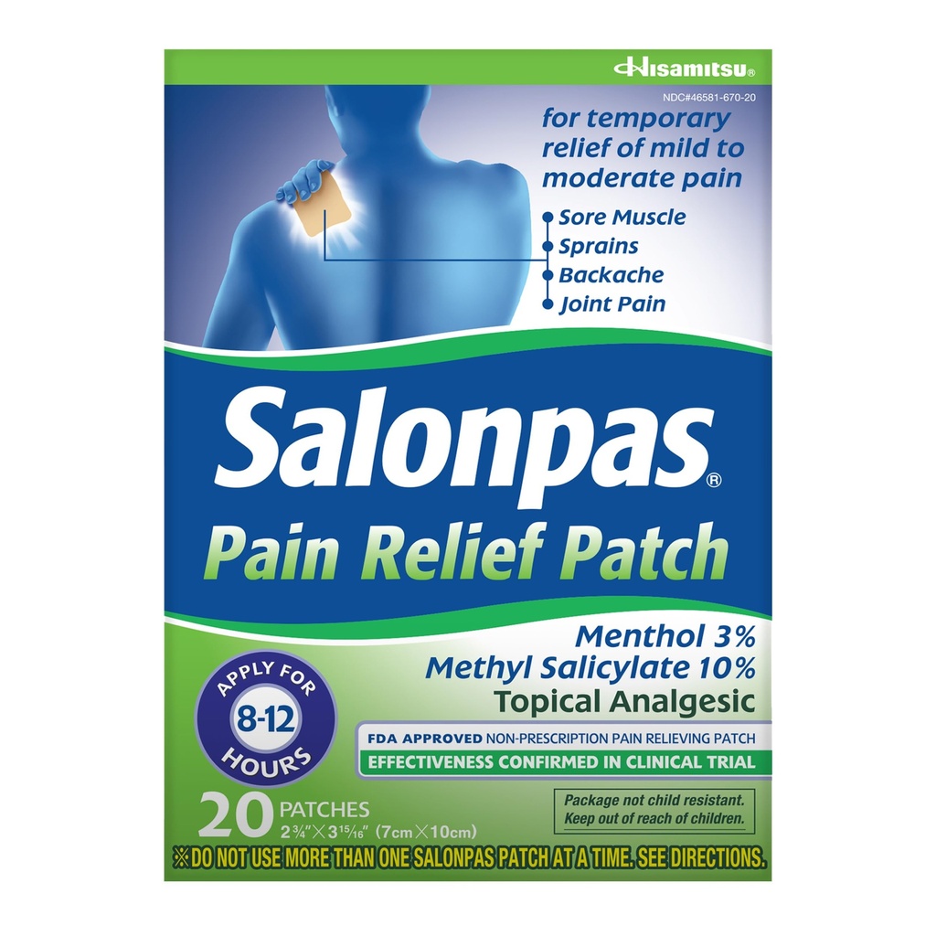 Salonpas smertelindringsplaster, 20 greve (pakke med 1), opptil 12 timers midlertidig lindring av mild til moderat smerte, ryggsmerter, Sore Muskel, Sprains, Bruises