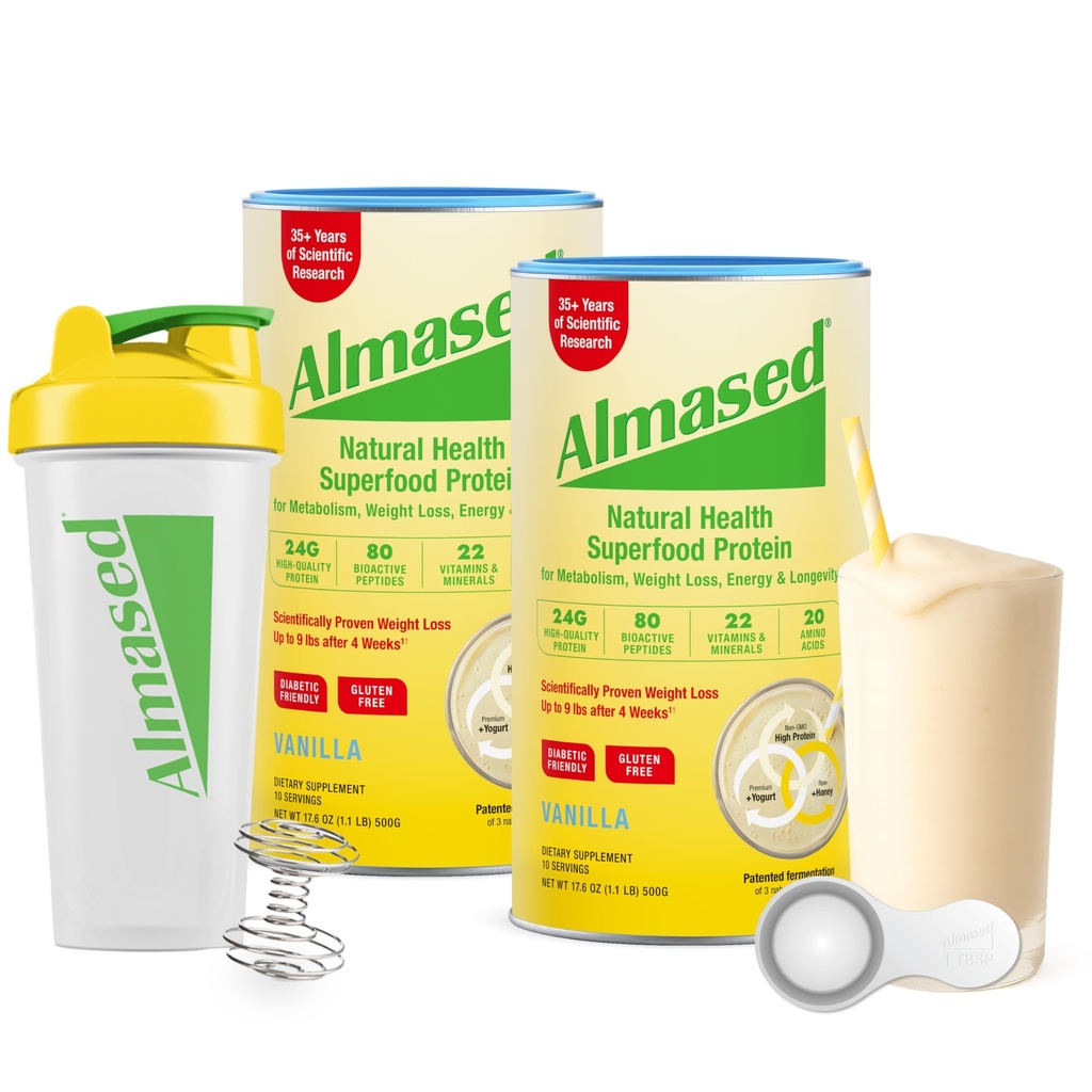 Almased måltid erstatningshakes for vekttap - Protein pulver - Starter Kit (Almond Vanilla Flavor, 2 bokser på 17.6 oz + Shaker flaske + Scoop)