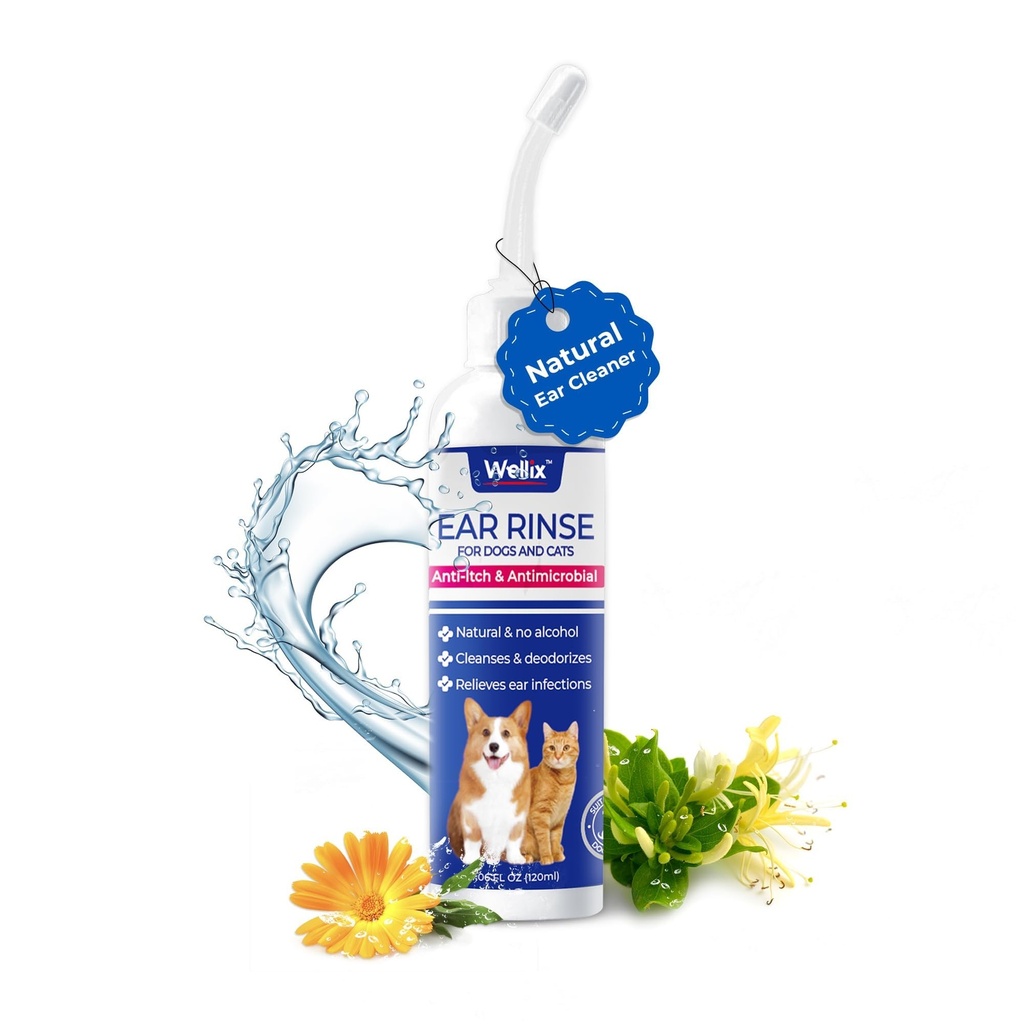 Wellix 120 ml ørerenser for hund og katt - øreinfeksjonsbehandling uten irritasjon - hund ørevask for kløe relief & beroligende betennelse - ørevoks, pulver og Odor fjerningsdråper