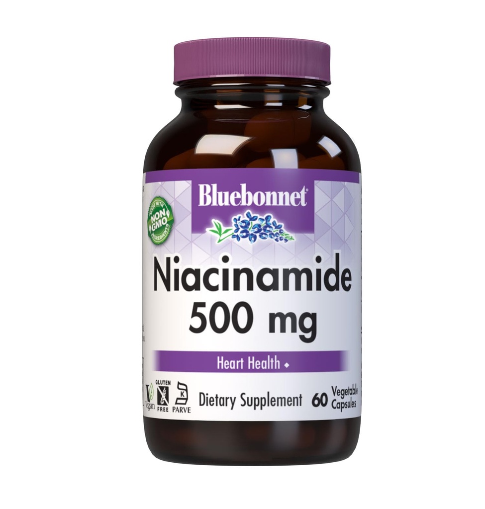 Bluebonnet Nutrition Niacinamid 500mg, støtter kardiovaskulær helse*, Soya-fri, Glutenfri, Ikke-GMO, Kosher Certified, Dairy-Free, Vegan, 60 Grønnsaker Capsule, 60 Services