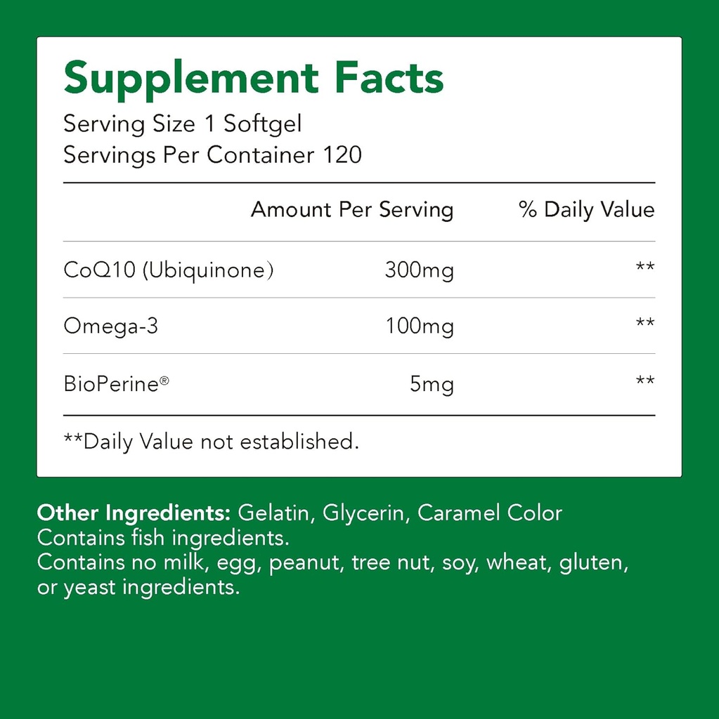 Kosttilskudd, Ubiquinon CoQ10 (Coenzym Q10) 300 mg, BioPerine (5 mg) | støtter hjerte helse, energi og absorpsjon (1 flaske-120 Softgels-2mo Supply) | høy EPA & DHA ikke-GMO, glutenfri