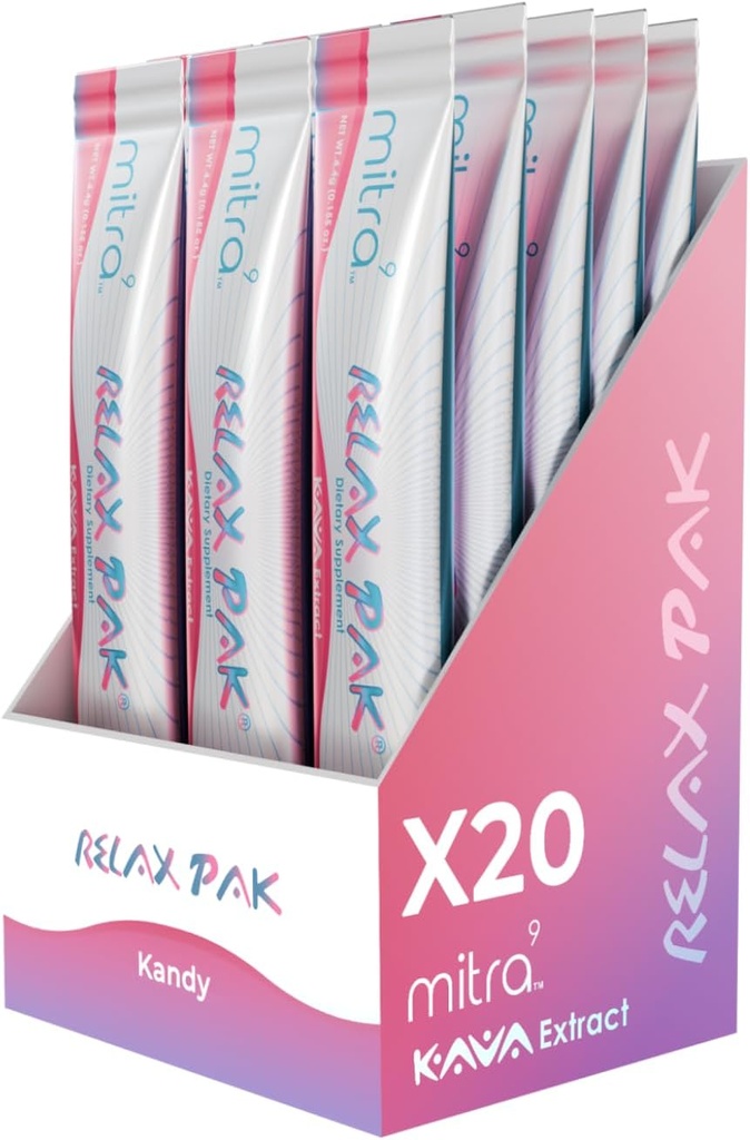 Mitra9 Kava Powder RelaxPak - Kandy Kava Extract Powder Packets | Mood Enhancer | Plant Basert | Fremmer naturlig ro og klarhet | Easy Open Single-Serving Stick (20)