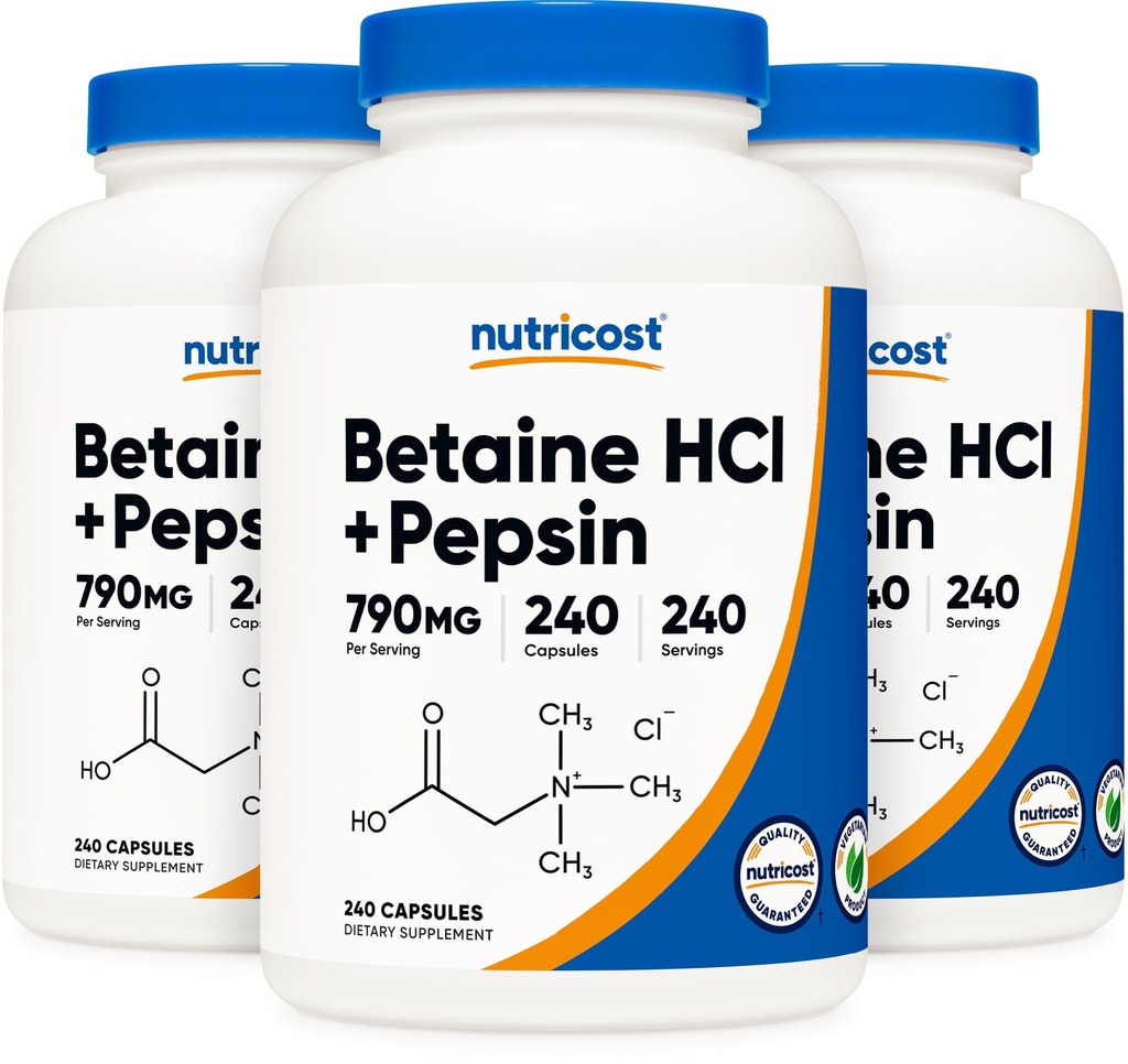 Nutricost Betaine HCl + Pepsin 790 mg, 240 kapsler, 3 flasker (720 kapsler)