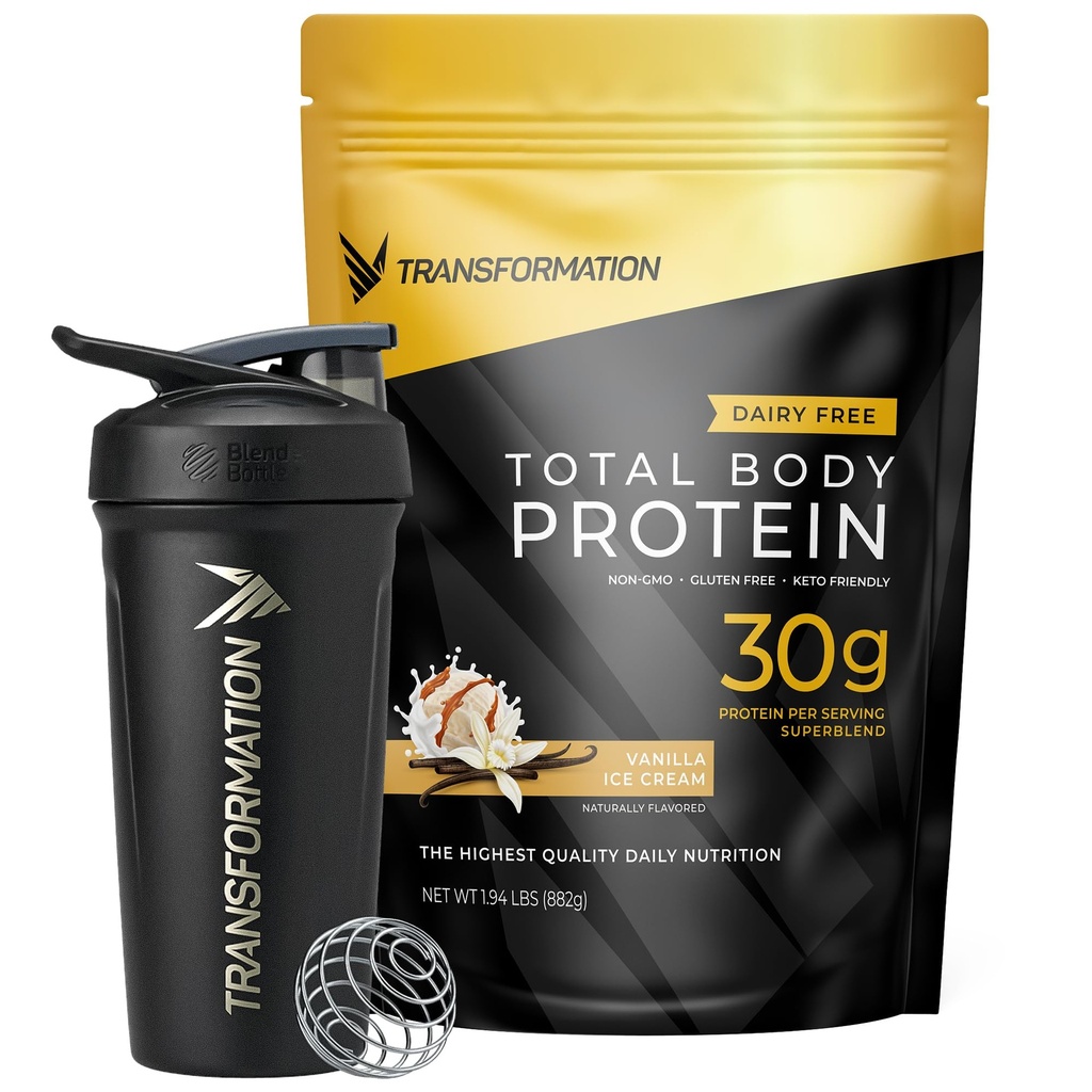 Transformasjon Vanilla Protein pulver og ytelse isolert Shaker Flaske ® 30G Multi-Protein Superblend ® Collagen Peptiders, Egg Hvit & Plant Blanding ® MCT olje ® BCAA Aminosyrer