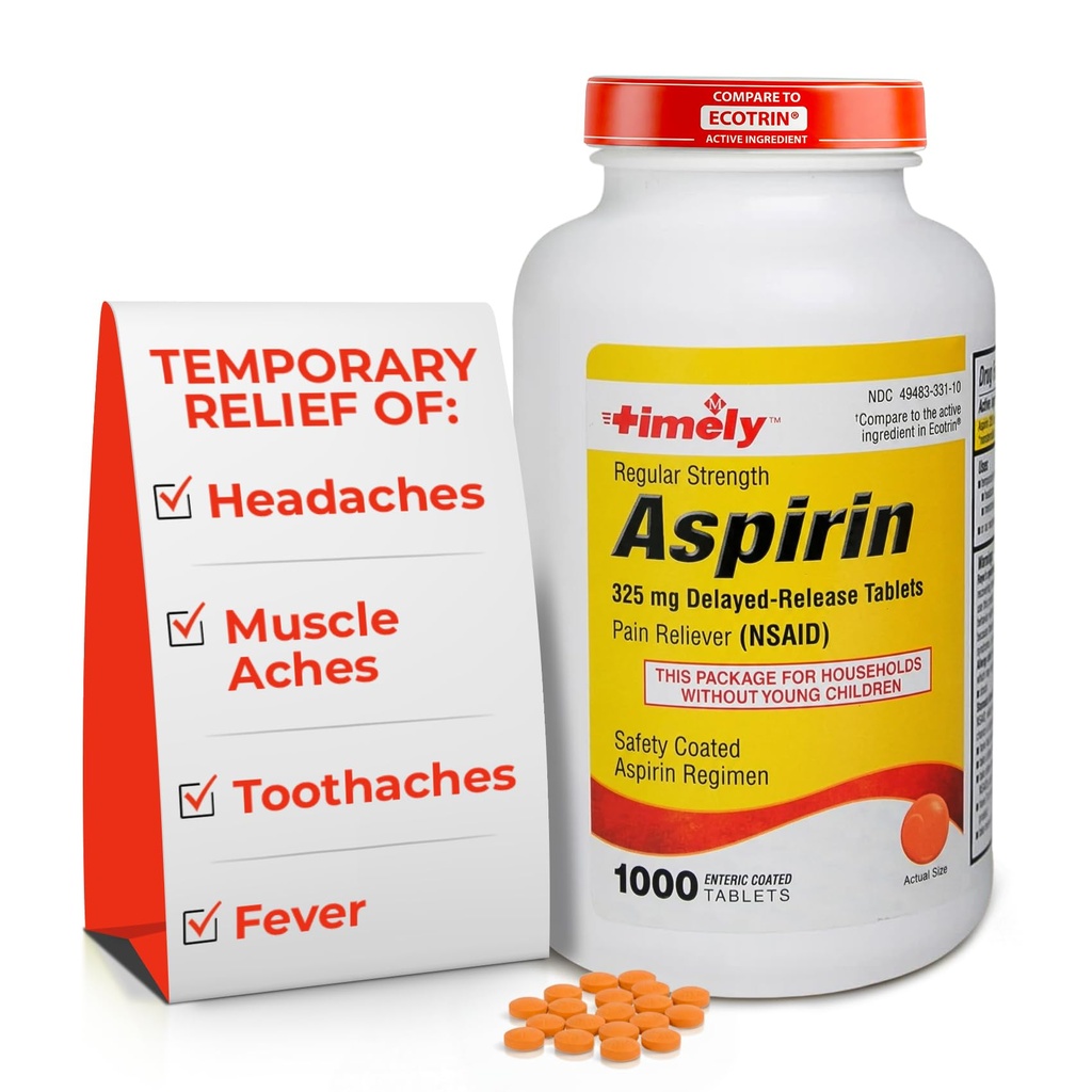 TIME-CAP LABS, INC. Tidlig regelmessig styrke Aspirin 325mg - 1000 Enteriske belagte tabletter - smertefri for mindre smerter og smerter, feber reduserer - laget i USA