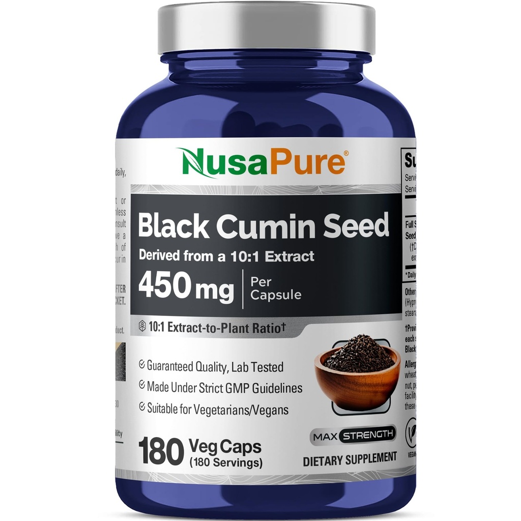 NusaPure Full Spectrum Black Cumin Seed 10:1 Ekstrakt, 450 mg Tilsvarende 4,500 mg 180 Veggie pulver Caps Ikke-GMO, Vegansk Ikke-Oily