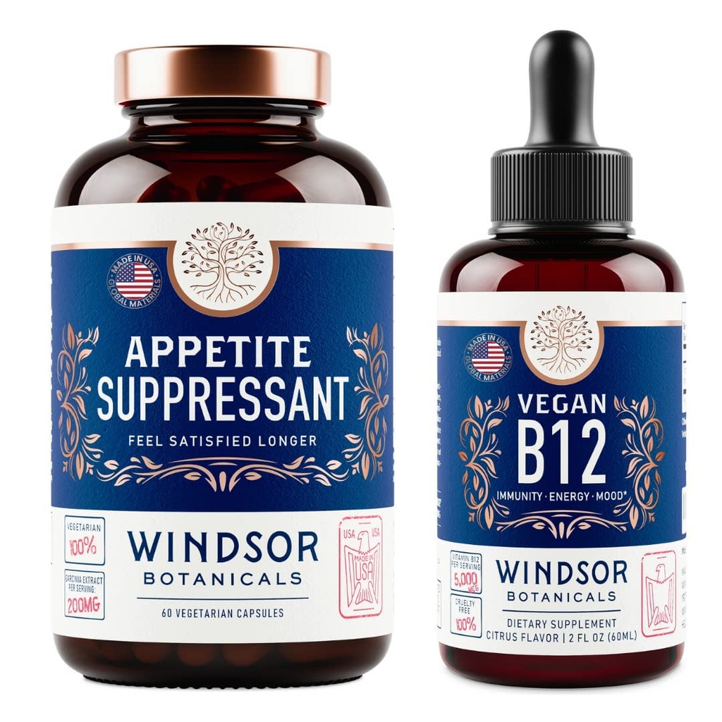 WINDSOR BOTANICALS Appetitt Suppressant for vekttap og vegansk B12 flytende bunke