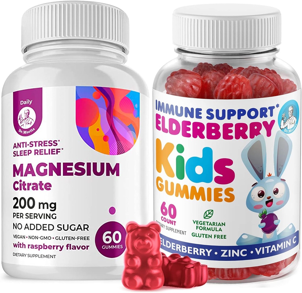 Elderbær gummier for barn og magnesium 200 mg Gummies Sukker-fri - Sunn Immune System Booster og helsestøtte med eldrebær ekstrakt med magnesium ro Chews for barn og voksne sukker-fri