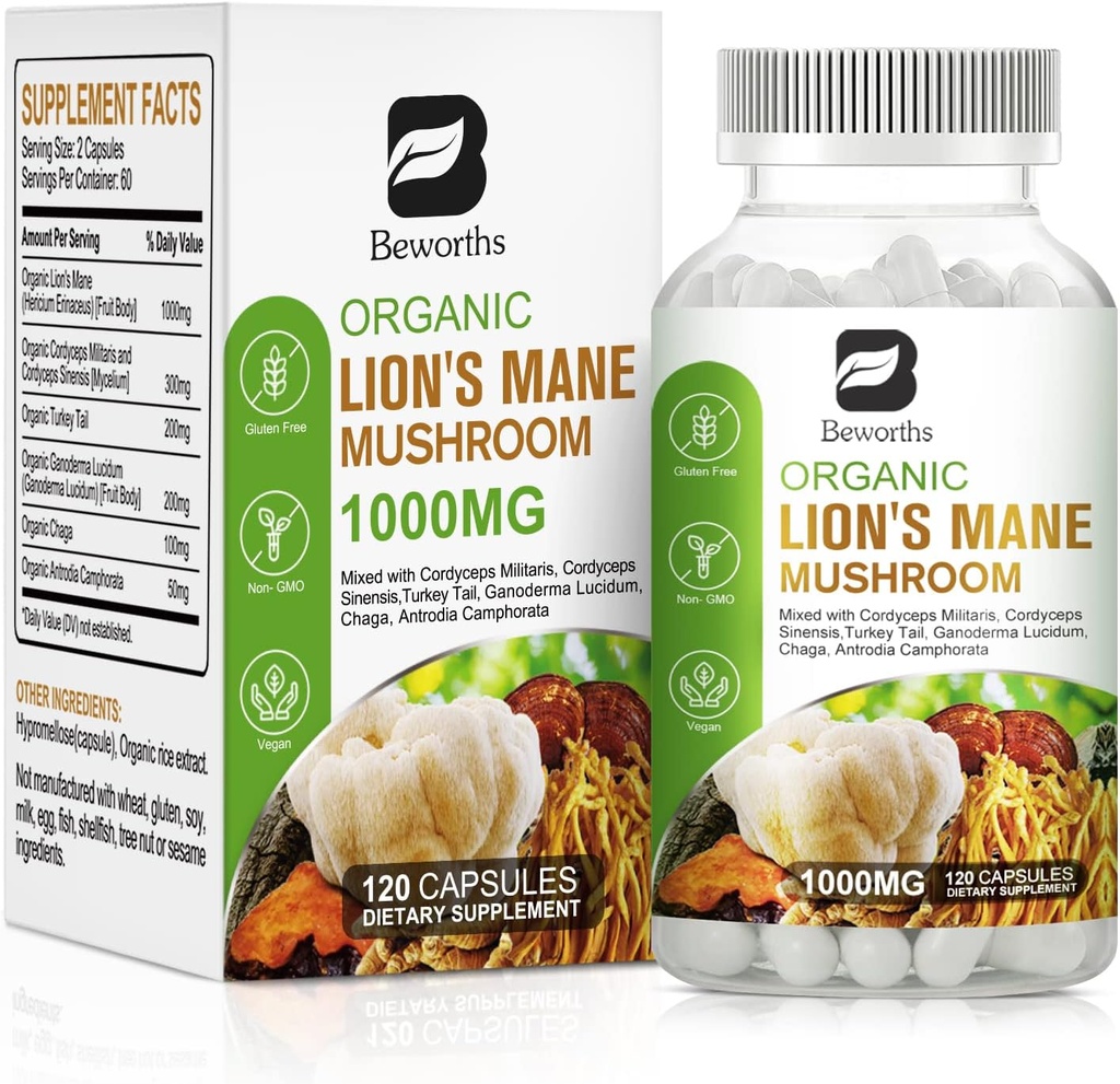 Lion's Mane Mushroom - 120 Kapsler | Organic Lions Mane Tyrkia Tail Moshroom Supplement Complex | Cordyceps, Chaga, Tyrkia Tail, Reishi Mental Clarity, Focus Minne, Hjerne & Immun Boost