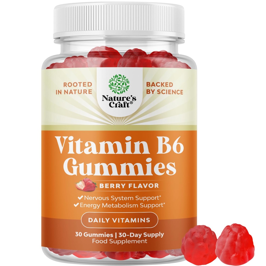 Potent vitamin B6 Gummier for voksne - Potent vitamin B-kompleks kosttilskudd for menn og kvinner for nervesystem støtte Mood & Immune System - Vegan Pyridoxin Chews for energi og metabolisme - 30 Ct